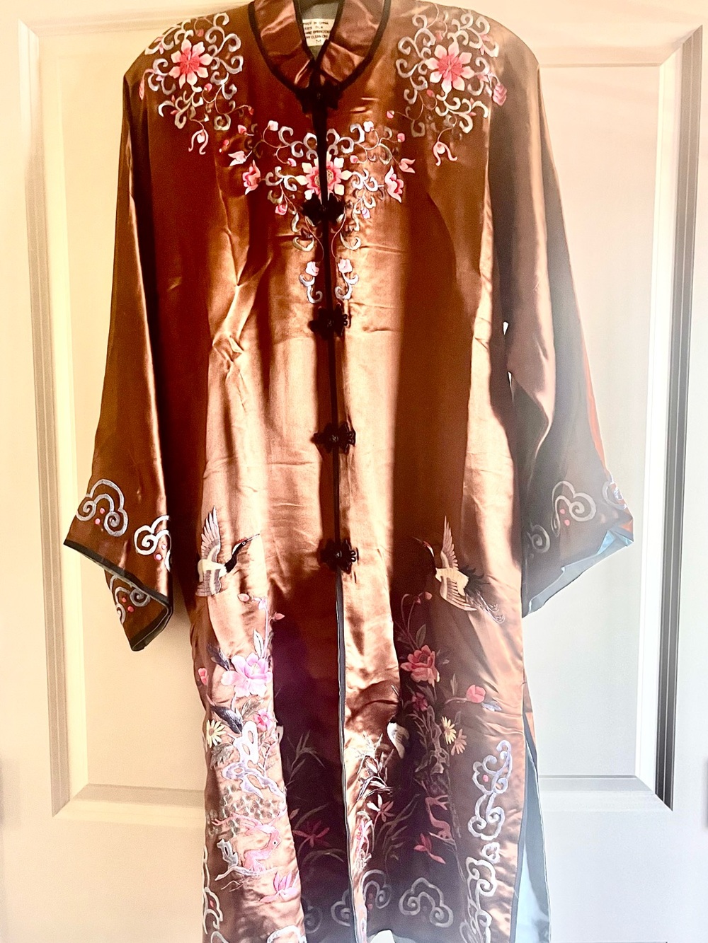 Vintage Embroidered silk Long Coat - Brown with Pink Floral Detail